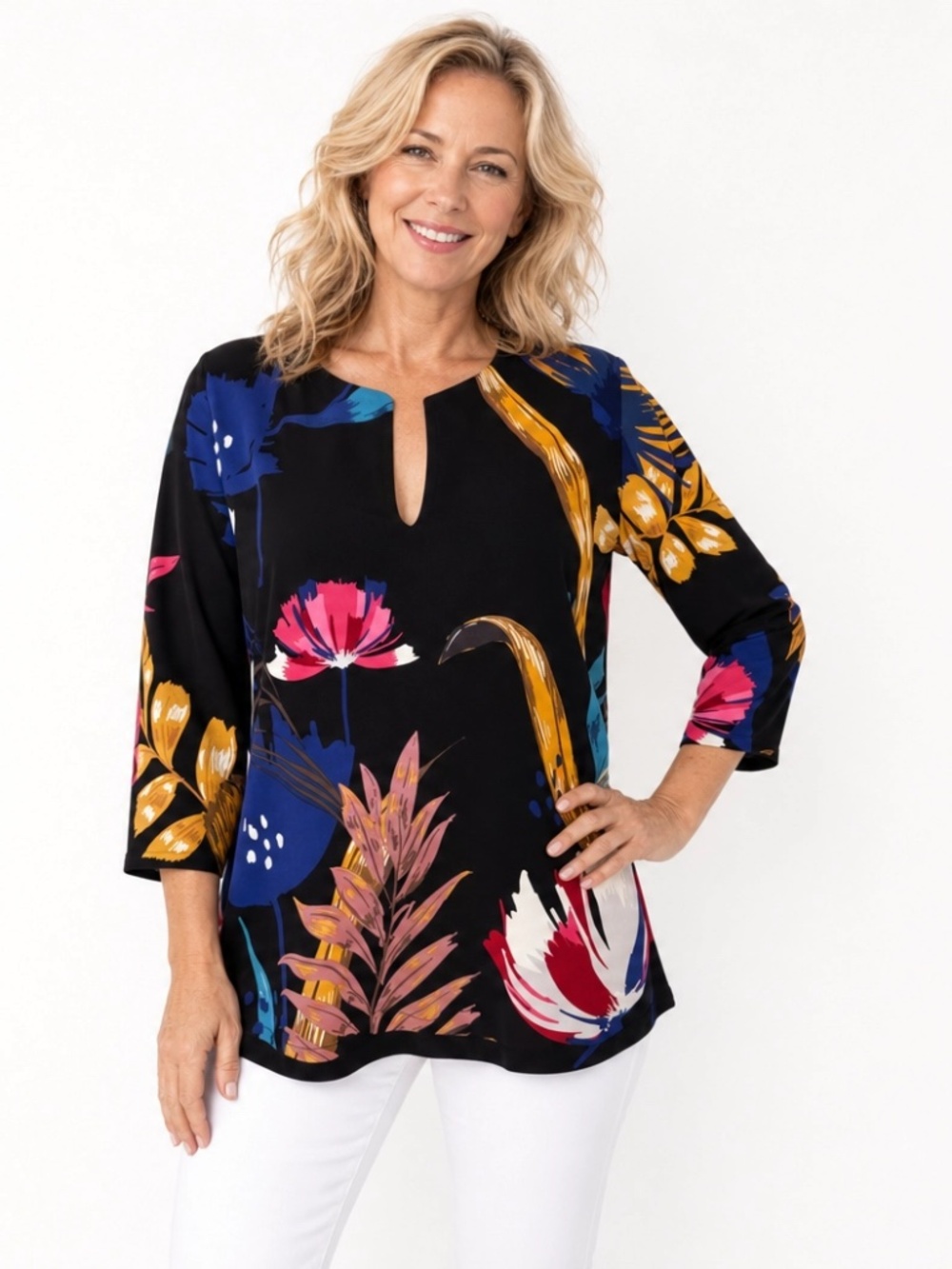 Eva Varro Wearable Art Top Large Black Multicolor Floral Stretch NWOT
